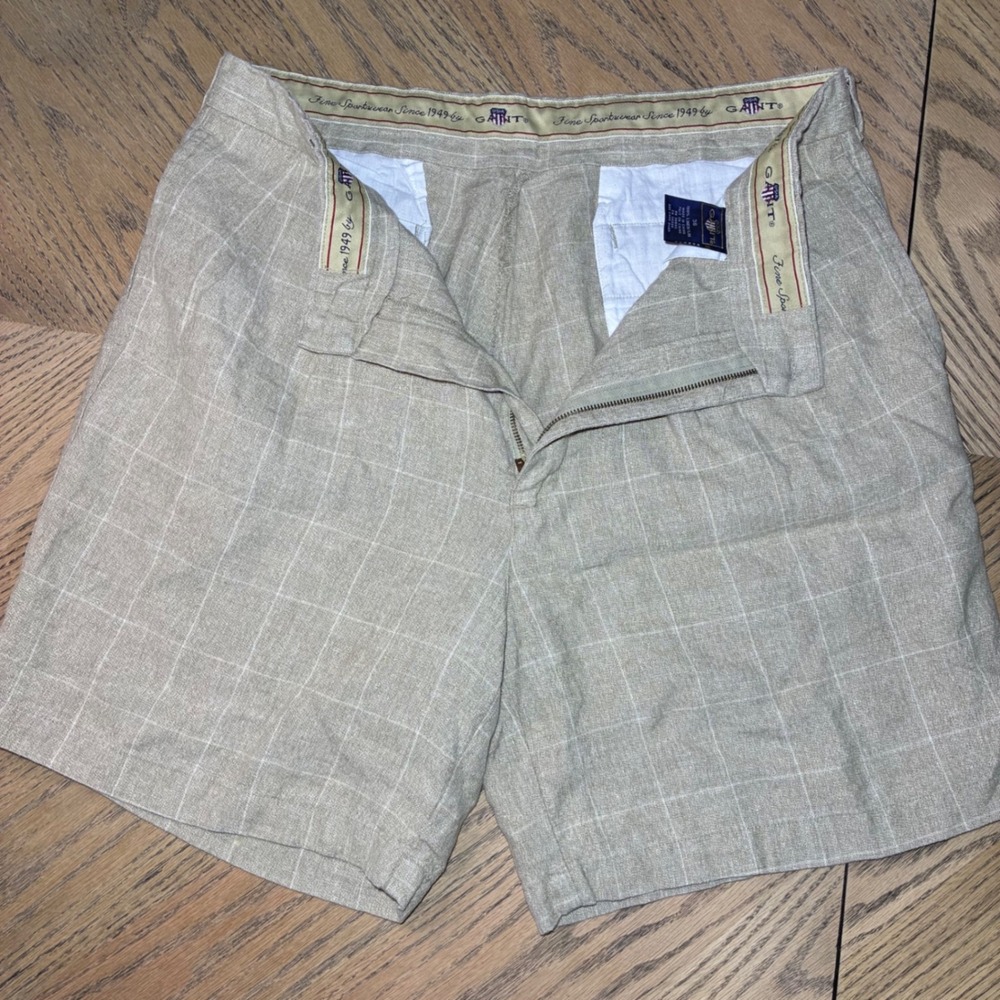 Gant Mens Beige Windowpane Plaid 100% Linen Shorts Size 36 Preppy Summer Casual
